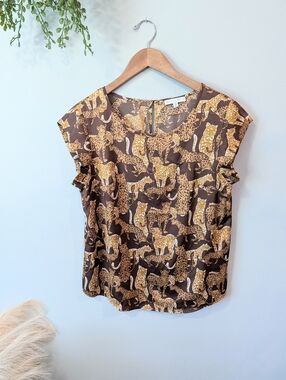 anthropologie Women’s Short Sleeve Animal Print Blouse - Brown  Size Small